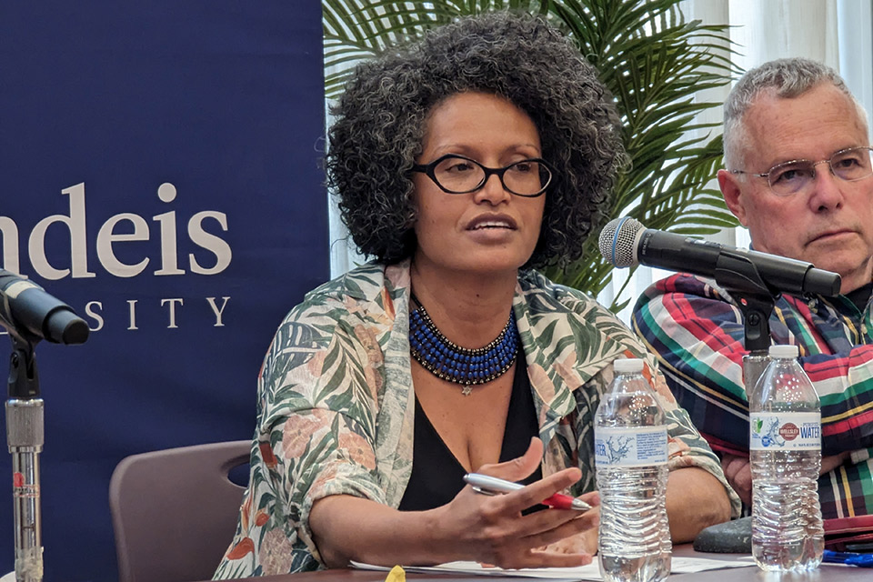 A woman speaking into a microphone