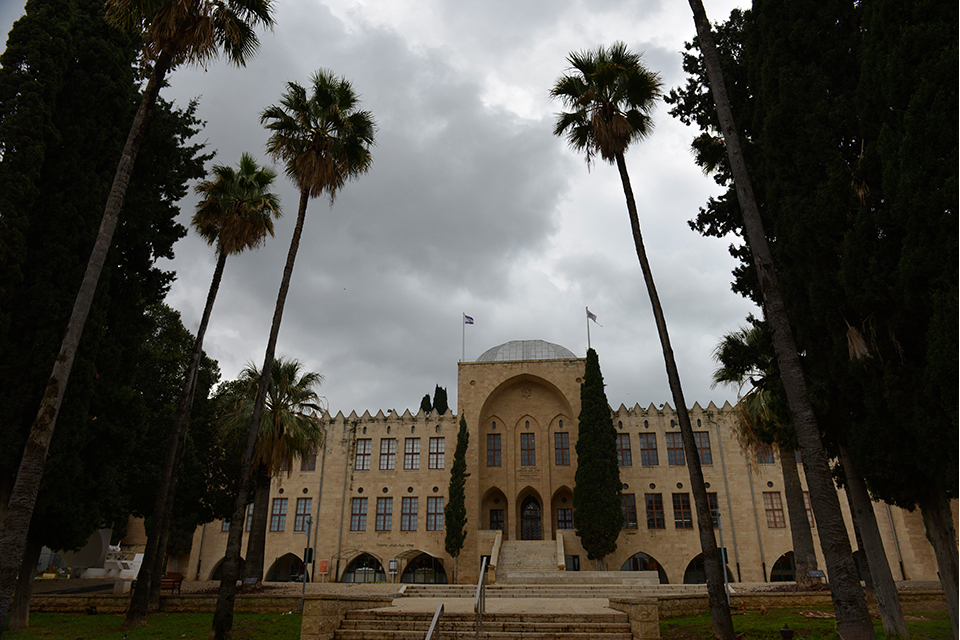 Palm trees frame a large, elegant, old building