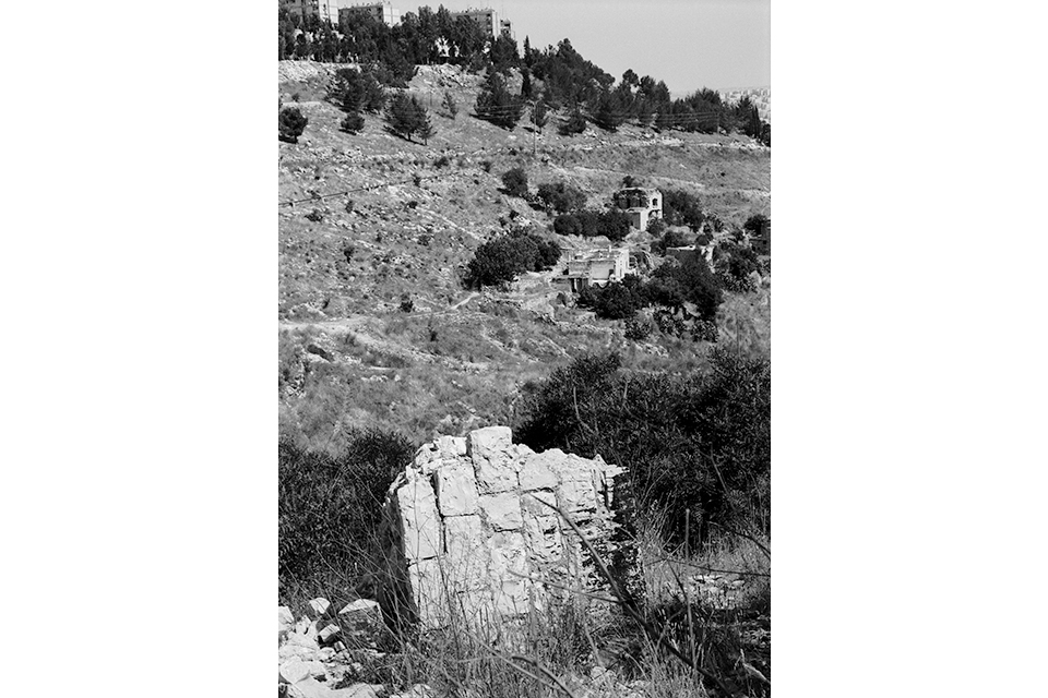 Ruins on a hillside, in black and white