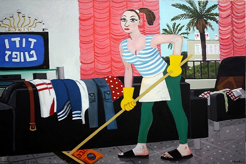 Colorful painting of woman sweeping floor