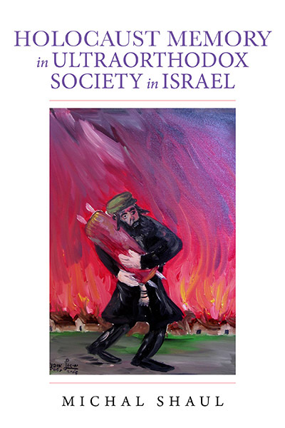 Painted image of an unltraorthodox man cradling a torah, with houses on fire in the background