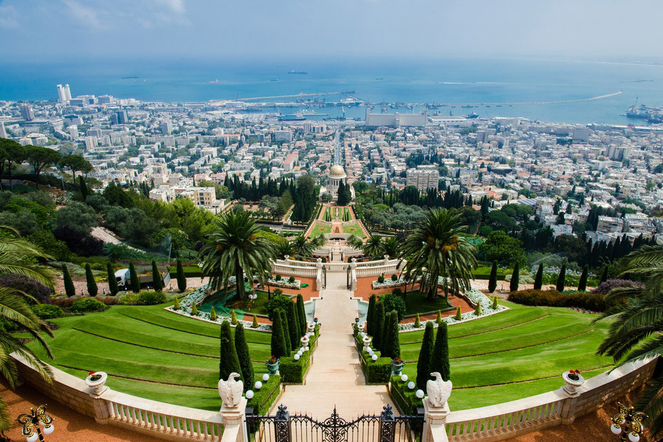 Panoramic view of Bahai Gardens in Haifa, a hillside gardens overlooking the city and, beyond it, the sea
