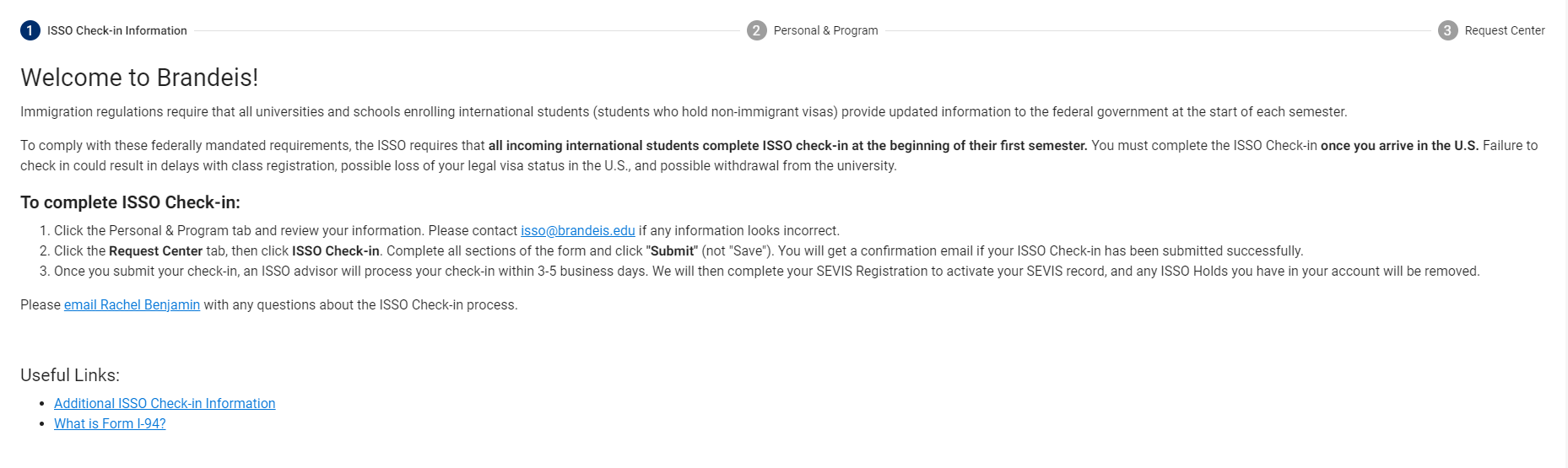 Screenshot of ISSO Portal ISSO Check-in Information page.