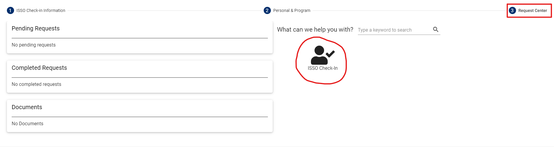 Screenshot of the Request Center tab of the ISSO Portal with ISSO Check-in circled.