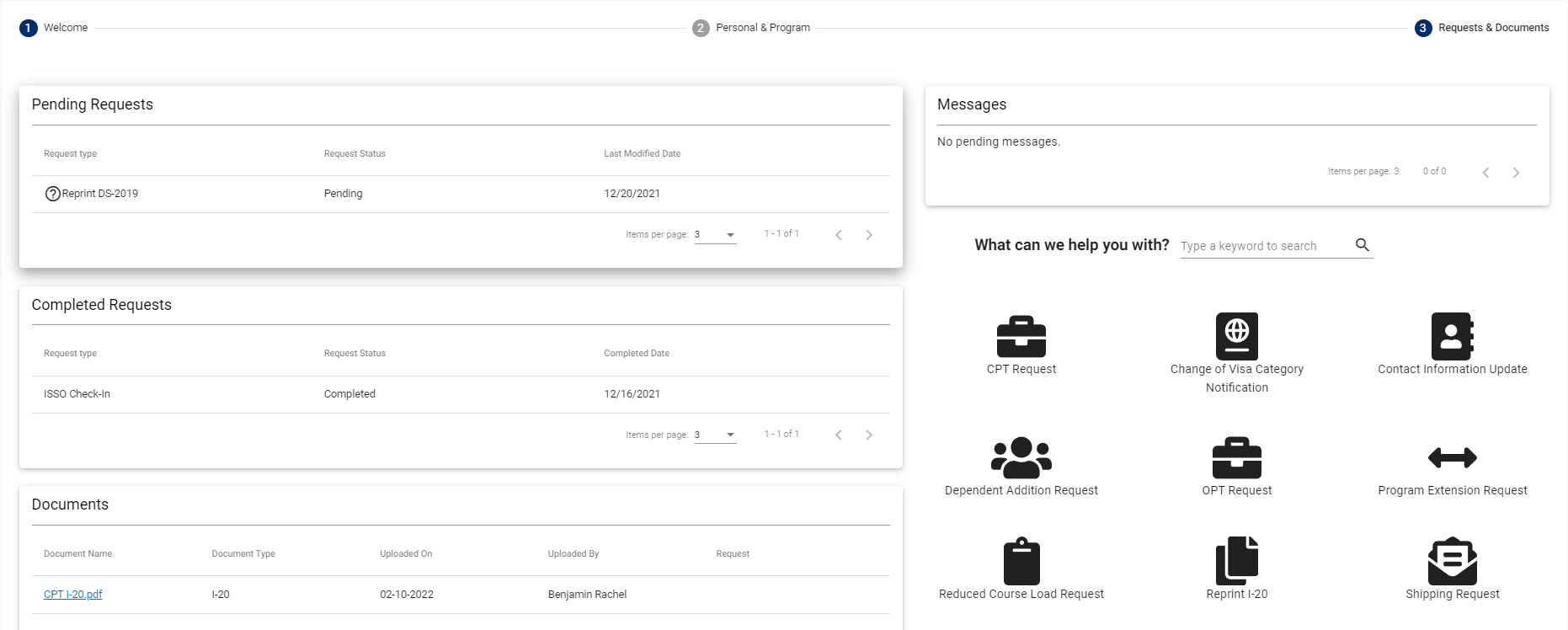 ISSO Portal's Requests & Documents tab