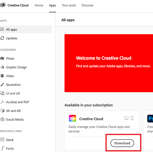 image depicts the creative cloud download button