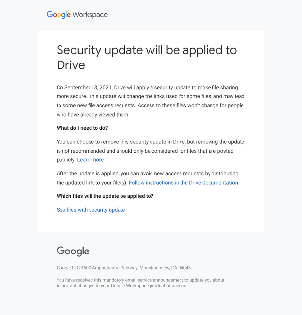 Email from Google regarding security update