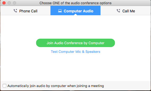 Zoom window dialog with audo connection options