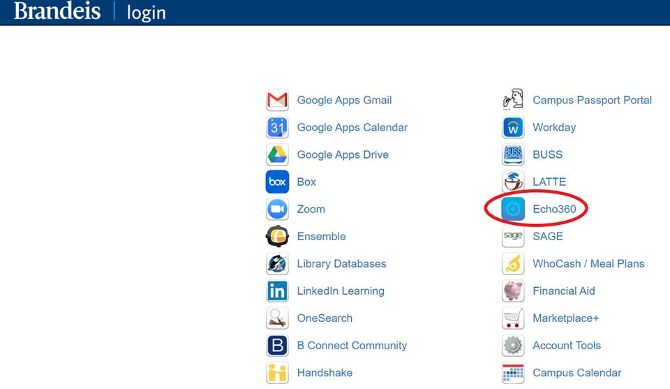 Brandeis Login page with callout of Echo360 application
