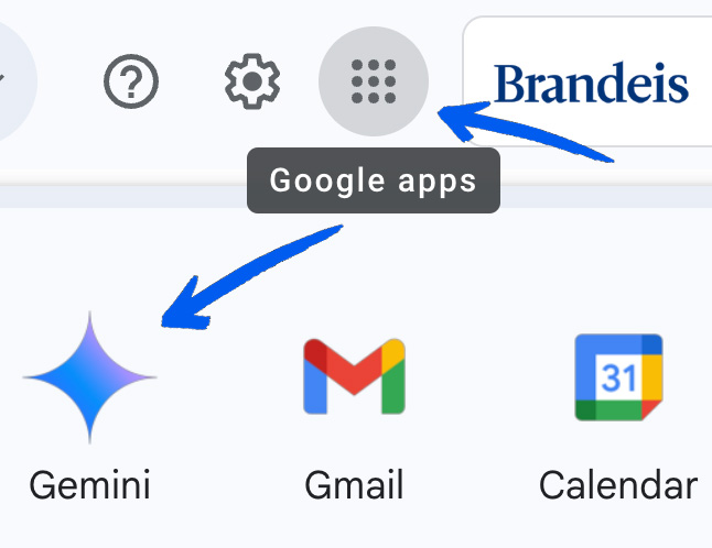 An image depicting an arrow pointing to 9 dots to open the Google Apps dropdown and another arrow pointing at the Gemini App Icon
