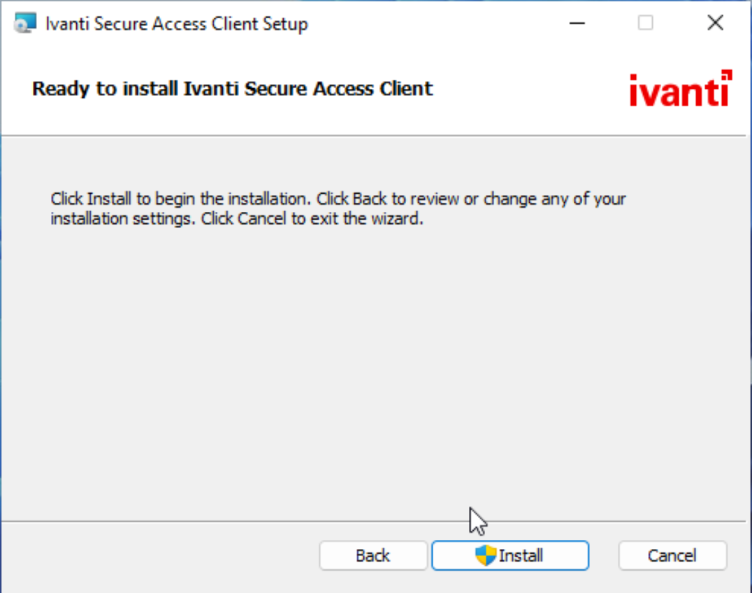 Ivanti Secure Access Client Setup - Ready to install screen