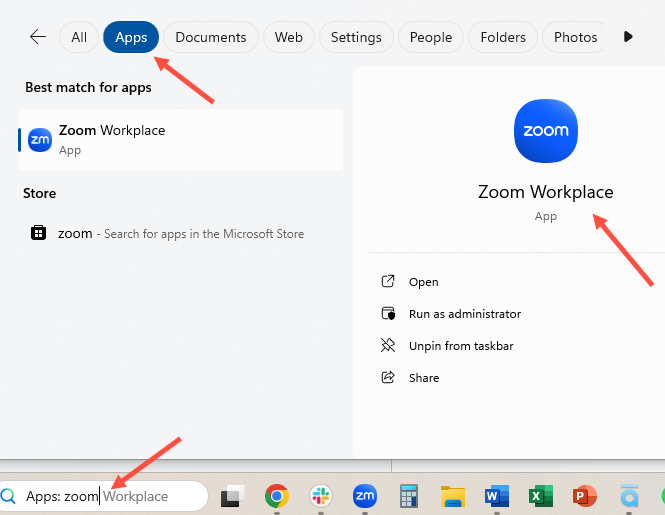 Zoom entered into the Zoom search bar, the apps button highlighted, and the Zoom Workplace as the search result