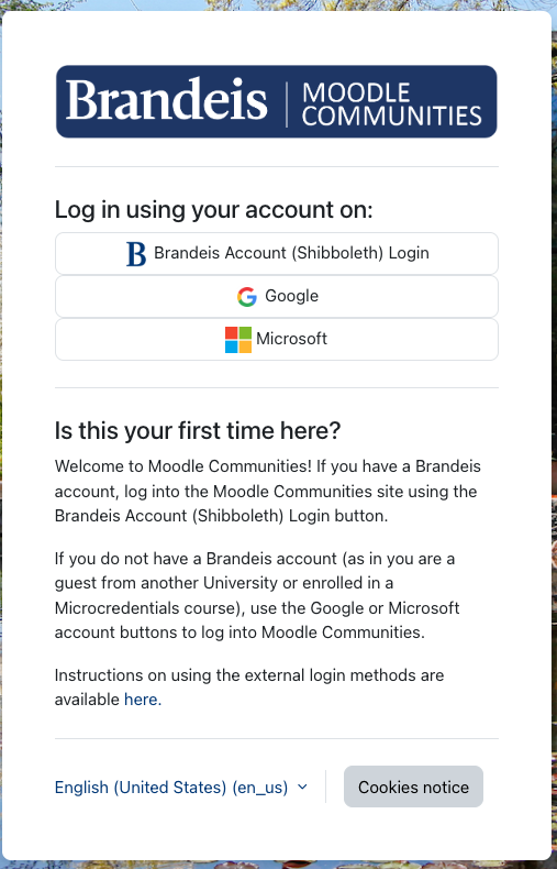 Moodle Communities log in screen - with the option to log in with Brandeis, Google, or Microsoft accounts