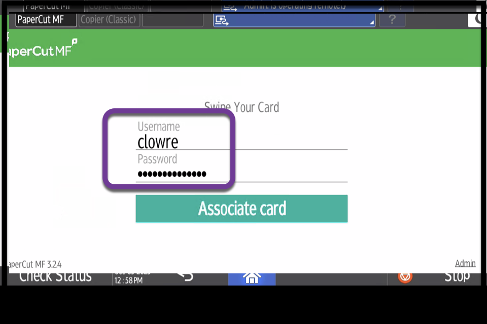 papercut screen with a username and password populated
