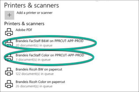list of printer drivers with Brandeis FacStaff B&W on PPRCUT-APP-PROD and Brandeis FacStaff Color of PPRCUT-APP-PROD highlighted