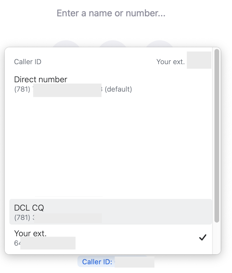  A dropdown of phone number options from the Caller ID field