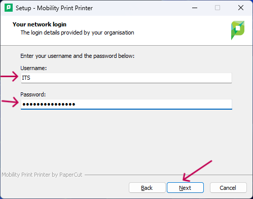entering username and password