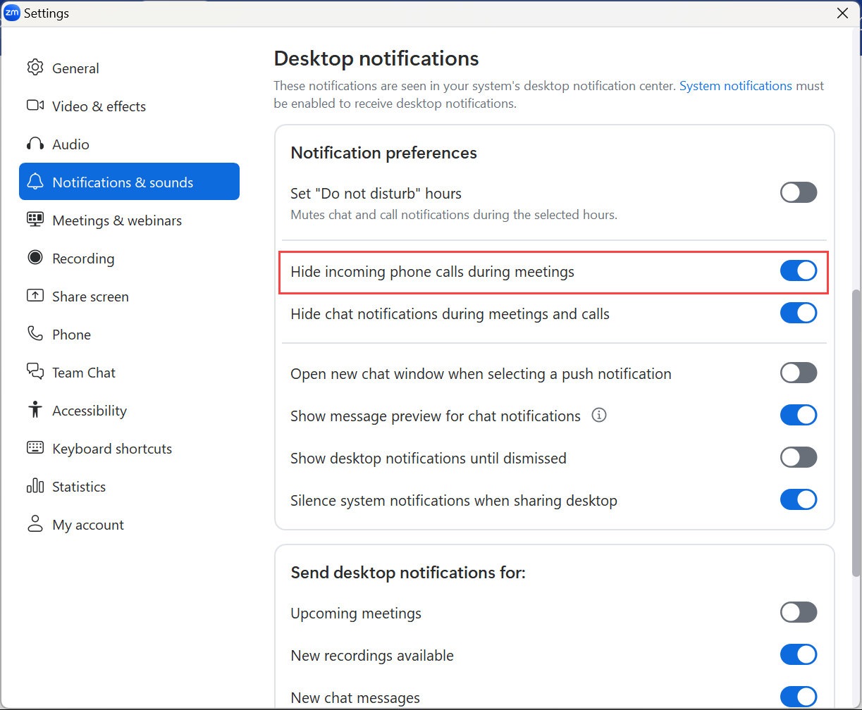 Desktop notification settings. Hide zoom phone calls during meetings is highlighted