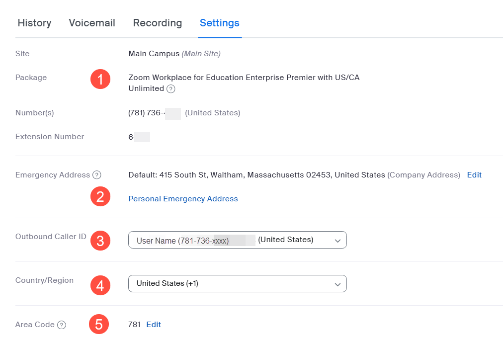 A screenshot of the General Settings. Section 1 has unchangeable settings that include your phone number and campus extension. Section 2 has your emergency address. Section 3 is outbound caller id. Section 4 has the country. Section 5 is area code