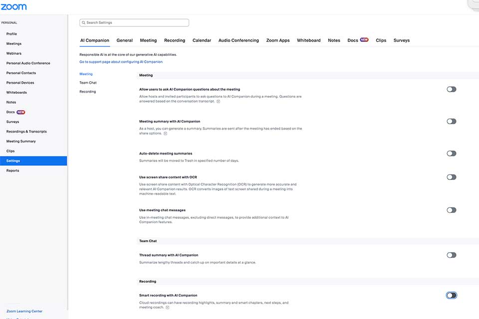 Zoom AI Companion account settings