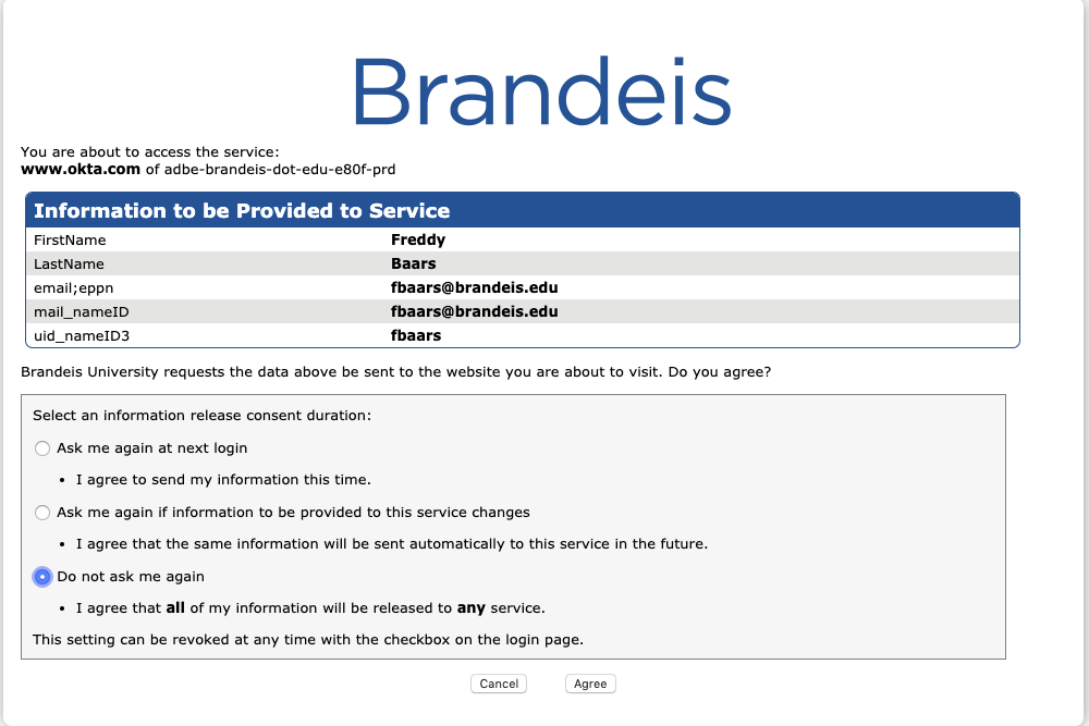 Brandeis information page prompt