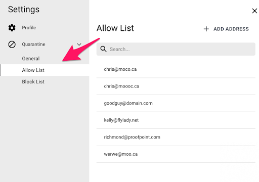 Image of Proofpoint web digest with allow list highlighted