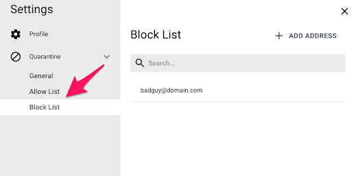 Image of Proofpoint web digest with block list menu item highlighted