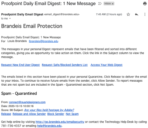 Screenshot of Brandeis Proofpoint email digest