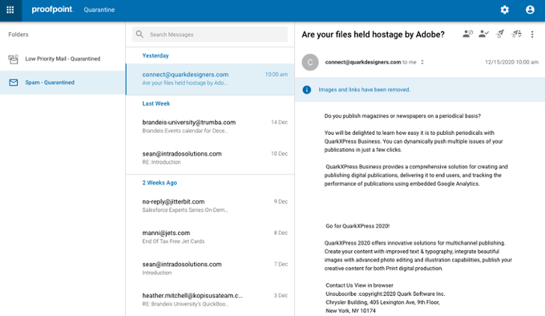 Screenshot of Brandeis Proofpoint web digest