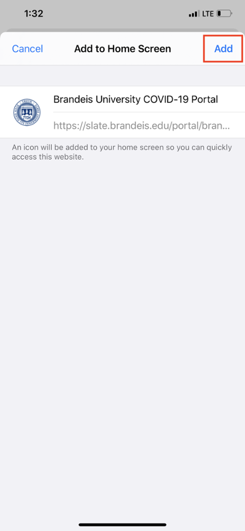 Image of adding Brandeis COVID-19 Portal to home screen