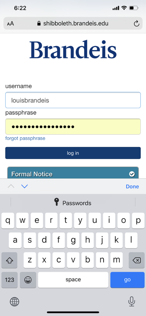 Image of Brandeis login page on iPhone