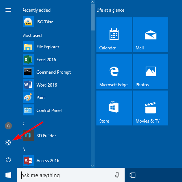 Image of Windows machine Start menu with Setting callout