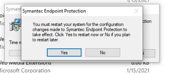 Image of Symantec uninstall computer restart pop-up. message