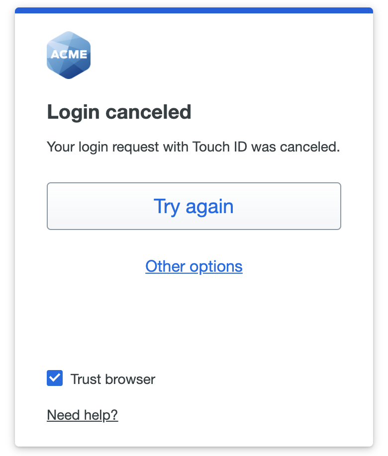 Login Canceled screen with trust browser checkbox