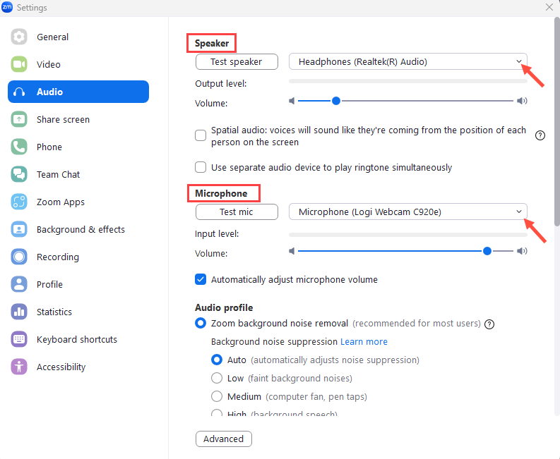Audio settings options
