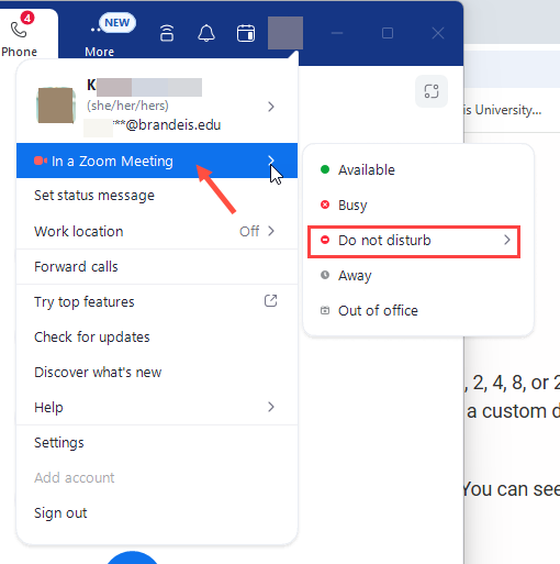The option for availability in the icon menu