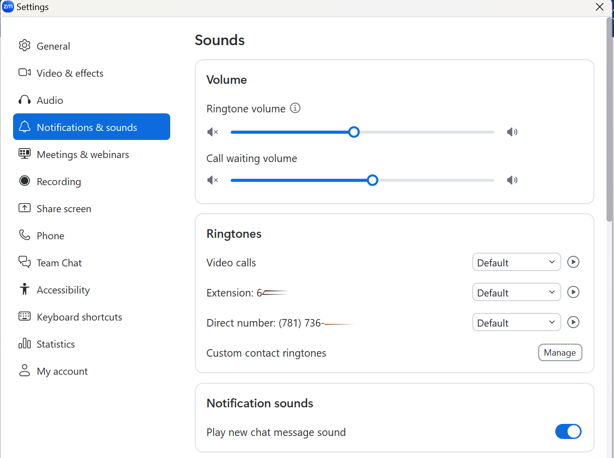 The notifications and sounds options in the Zoom settings