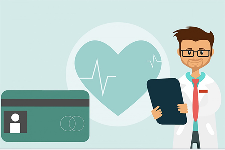 health care illustration containing a medical card, heart and doctor