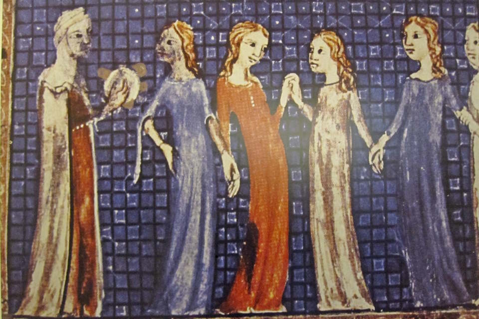 Illustration from the Sarajevo Haggadah of Miriam from the Exodus story
