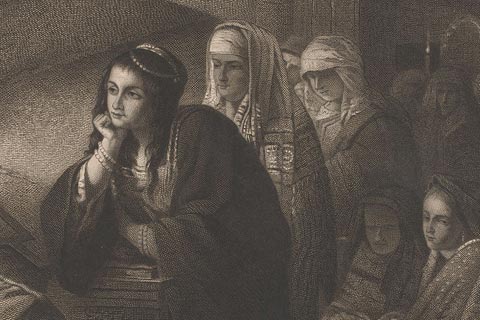 Group of women in a synagogue, Jean Baptiste Pierre Michiels, after Henri Leys (baron), 1831-1890.