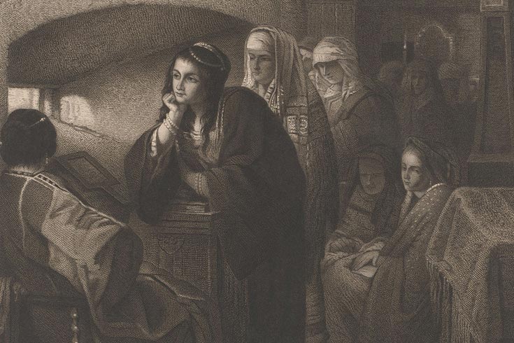 Drawing of a group of women in a European synagogue from 19th century.