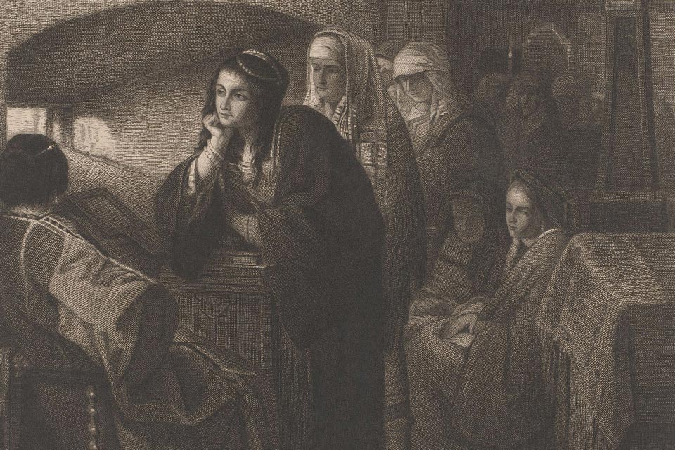 A 19th-century European etching of women gathering for services.