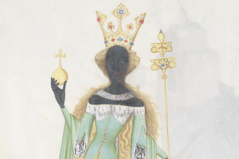 An illustration of the Queen of Sheba from Konrad Kyeser's "Bellifortis" ("Strong in War"), a military treatise from Germany circa 1405.