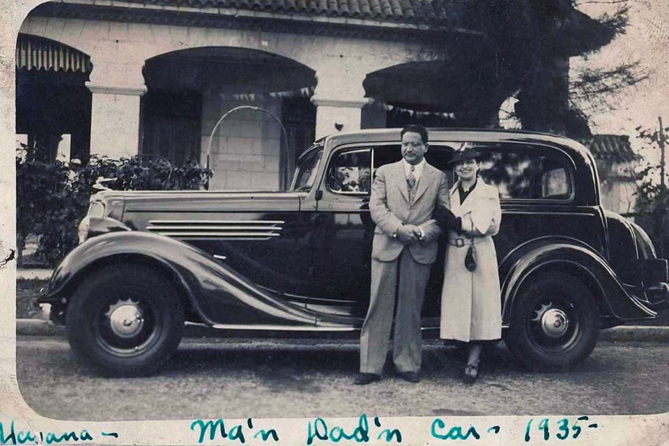 Brandon and his wife, Esther, in front of their home and car in Havana, Cuba, in 1935.