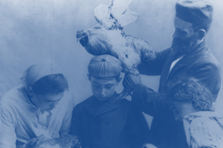 A family performs the kapparot ritual with two hens and a rooster, circa 1901