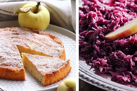 A composition of two images: apple cake and an Jewish couple lighting candles