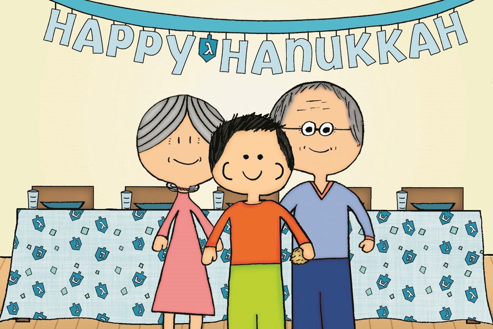 Illustration of family with Happy Hanukkah banner above them