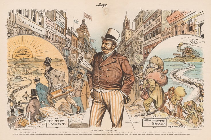 An 1892 antisemitic cartoon depicting Jews as streaming into New York City and supposedly taking over.