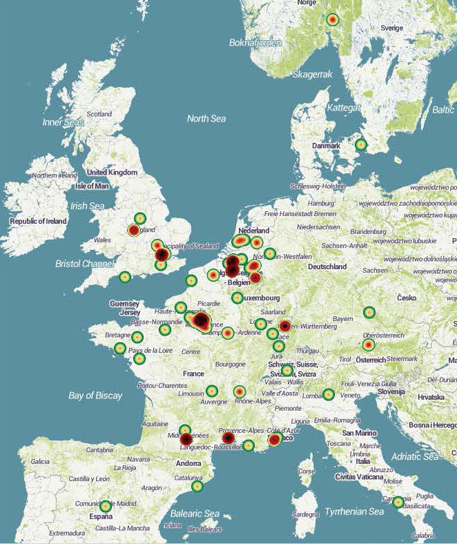 Heat map showing the hometowns of individuals who have publicly been identified by law enforcement as participants or suspected participants in the network responsible for the attacks in Paris and Brussels between 2014-2016