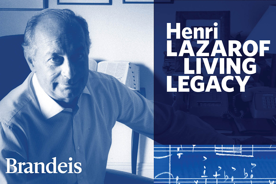 Henri Lazarof poses at his desk with the text overlay: Henri Lazarof Living Legacy